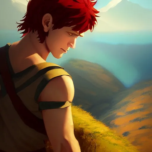 Prompt: young roman man with red hair in a tunic standing on a ridge in greece 4 k, concept art, by wlop, ilya kuvshinov, artgerm, krenz cushart, greg rutkowski, pixiv. cinematic dramatic atmosphere, sharp focus, volumetric lighting, cinematic lighting, studio quality