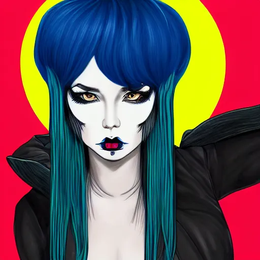 Image similar to illustrated portrait of ram-horned devil woman with blue bob hairstyle and hex #FFA500 colored skin tone and with solid black eyes and black sclera wearing leather by rossdraws