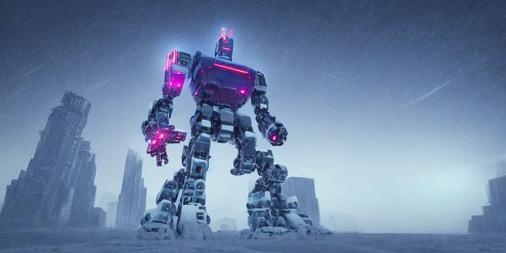 Prompt: a giant robot, megastructure, in a snowy land, render, 4 k, neon light