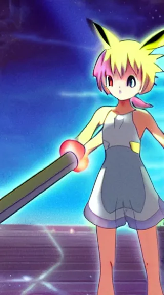 Prompt: Anime Screenshot of a POKEMON MISTY unsheathing her sword at night, strong blue rimlit, visual-key, Nighttime Moonlit, anime illustration in the style of Gainax