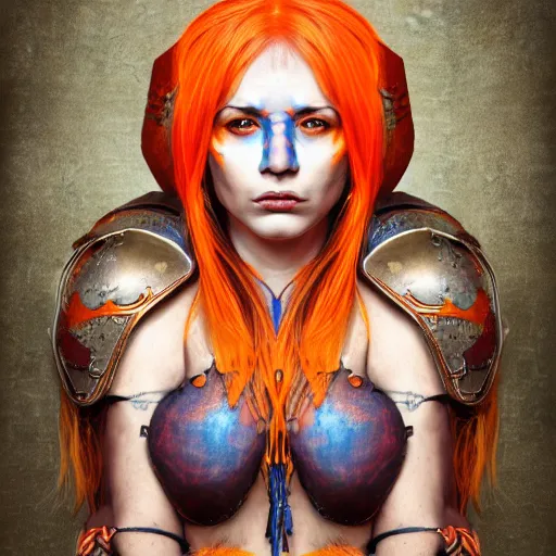 Image similar to illustrated portrait of beautiful ram-horned woman with orange skin and blue hair wearing leather armor, hyper detailed, photorealistic