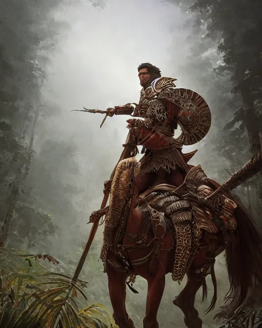 Prompt: ultra realistic illustration of a spanish conquistador wearing ornate armor and riding a horse in a dense foggy jungle environment by artgerm and and greg rutkowski and studio ghibli, octane, studio ghibli color scheme, intricate, portrait, anatomy, artstation, cinematic lighting, sharp focus, portrait, concept art, mobile game art