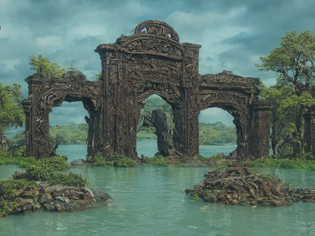 Prompt: an intricate concept art of a large structure tribal gate in a lagoon, artstation, sci - fi, hyper realistic, concept art, art by dylan cole, cinematic lighting, octane render