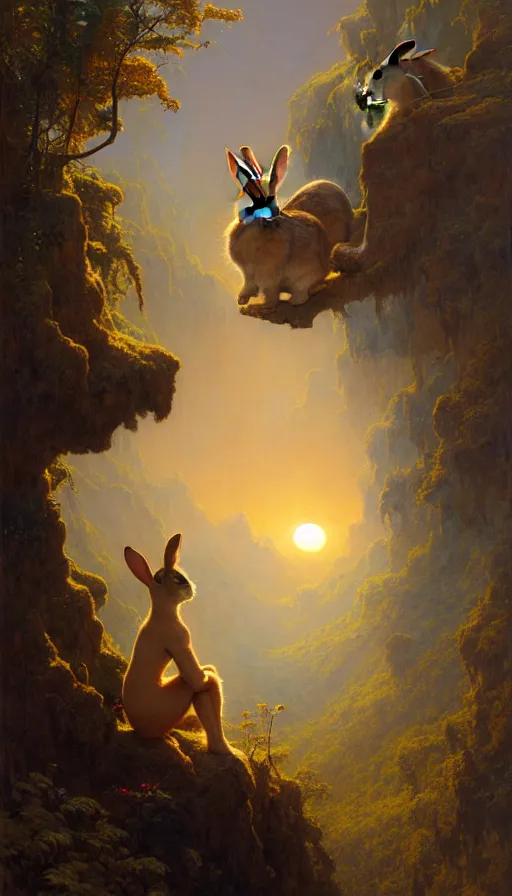 Image similar to rabbit looking off of a cliff, sun setting behind rabbit, lush forest in valley below, painted by tom bagshaw, james gurney, gaston bussiere, craig mullins, j. c. leyendecker 8 k