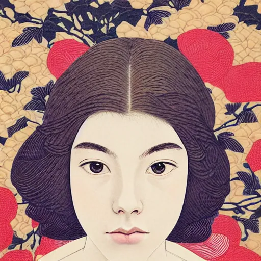 Prompt: “ anya taylor - joy portrait by ikenaga yasunari and ayana otake and ko rakusui, 6 0 s poster, drawing, realistic, sharp focus, japanese, dreamy, nostalgia, faded, golden hues, floral clothes, porcelain skin ”