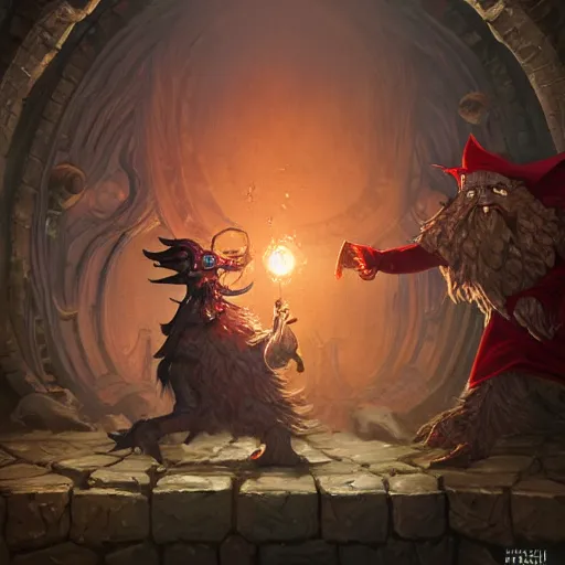 Image similar to a beholder creature fighting versus a beared red dressed wizard, deep focus, d & d, fantasy, intricate, elegant, highly detailed, digital painting, dungeon, conept art, matte, sharp focus, illustration, hearthstone, art by artgerm and greg rutkowski and alphonse mucha