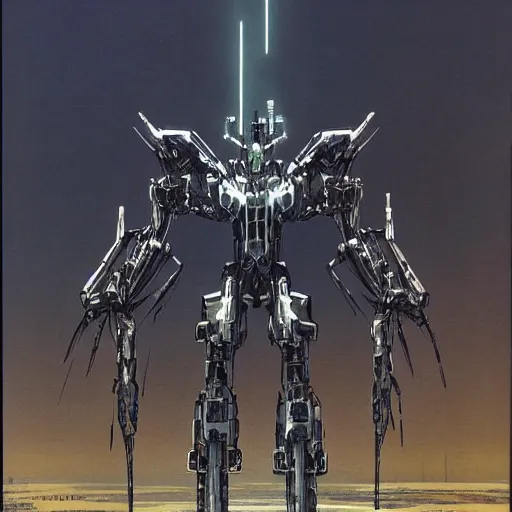 Prompt: a sleek, slender, futuristic symmetrical mecha, defending the vast looming city, designed by hideaki anno, drawn by tsutomu nihei, and painted by zdzislaw beksinski