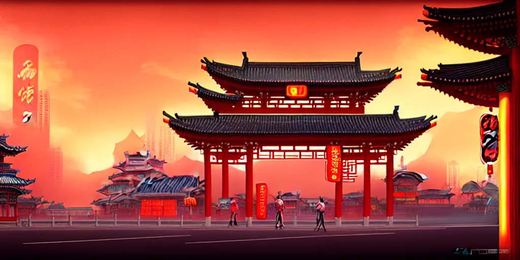 Prompt: chinese temple architecture with cyberpunk neon signs, orange sky, japanese town, cinematic view, concept art, high detail, well lit, volumetric, godrays, vivid, sunrise, trending on artstation, by jordan grimmer, art greg rutkowski