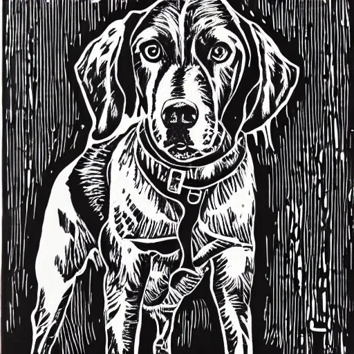 Image similar to linocut, black and white, hound dog