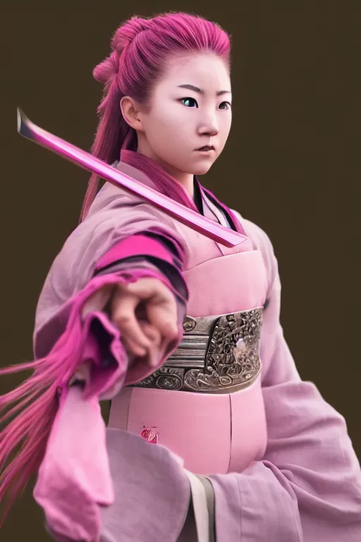 Image similar to highly detailed beautiful photo of a young female samurai, practising sword stances, symmetrical face, beautiful eyes, pink hair, realistic anime art style, 8 k, award winning photo, pastels colours, action photography, 1 / 1 2 5 shutter speed, sunrise lighting