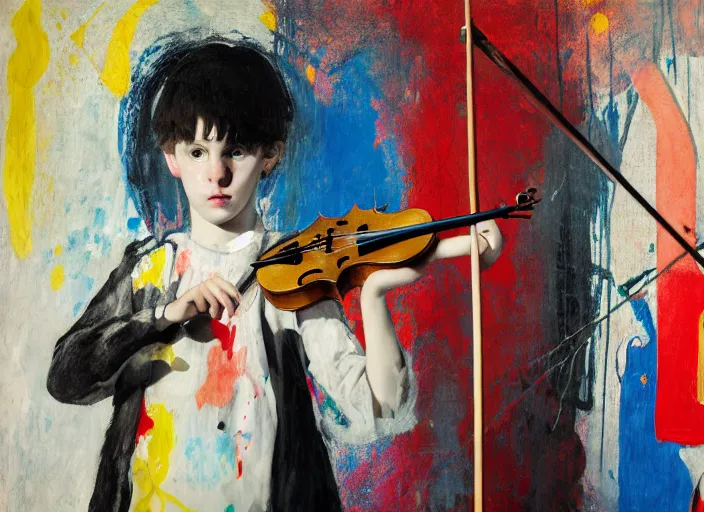 Image similar to girlboy standing with violin down painted by vincent lefevre and hernan bas and pat steir and hilma af klint, psychological, photorealistic, symmetrical face, dripping paint, washy brush, rendered in octane, altermodern, masterpiece