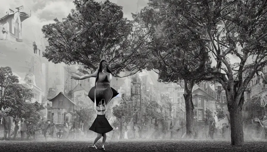 Prompt: a giantess man with a giant woman dancing together, enormous, big, pencil sketch, 3 d render, trees, houses, street, hearts symbol