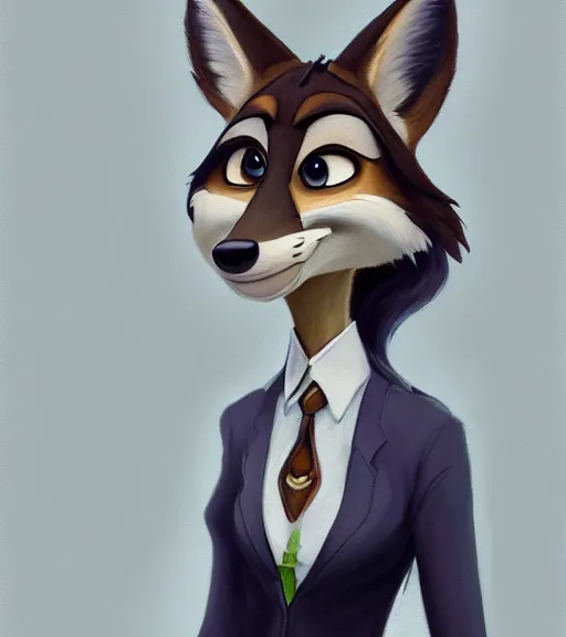 Image similar to oil painting of anthromorphic female wolf, in style of zootopia, zootopia, zootopia, fursona, furry, furaffinity, 4 k, deviantart, furry art, fursona art, wearing black business suit, business suit, in style of zootopia, wolf fursona, cyberpunk, female, expressive detailed feminine face,