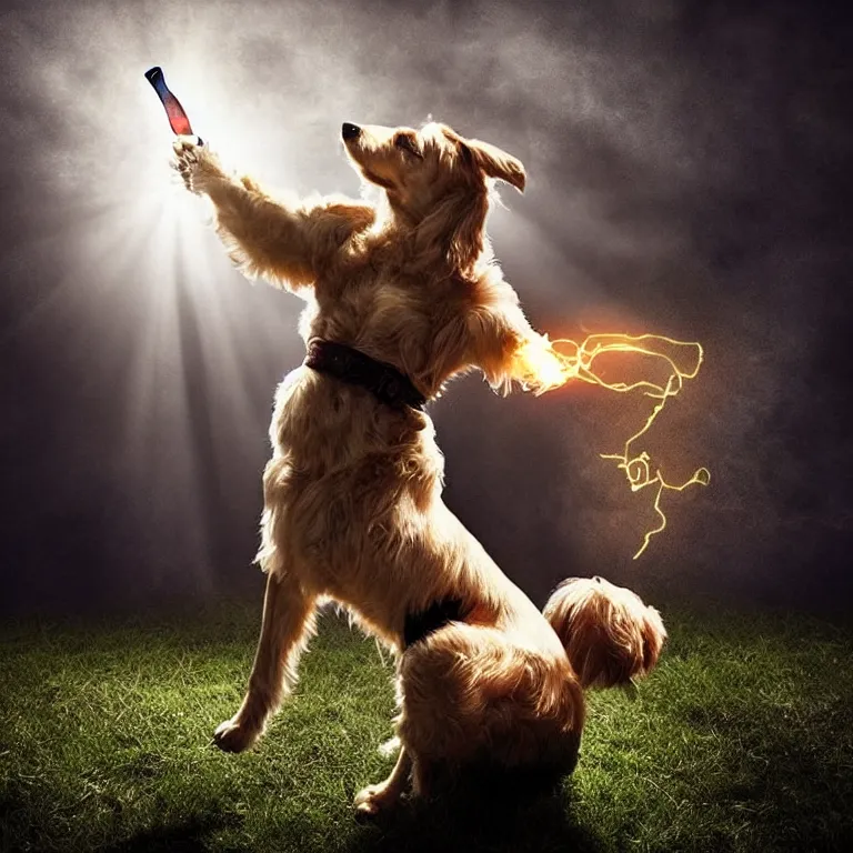 Image similar to dog wizard casting a magic spell, fantasy, majestic pose, dramatic lighting, cinematic scene