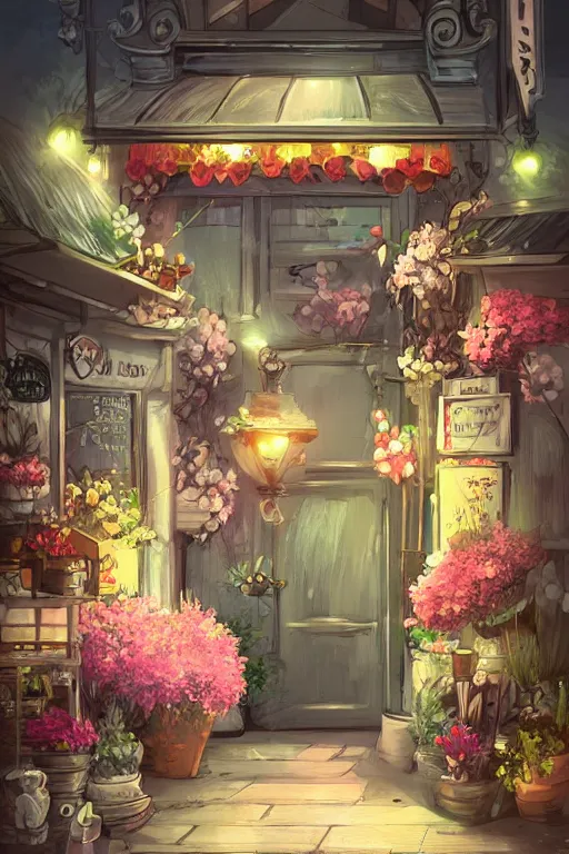 Image similar to a little flower shop's front gate, nostalgic, fresh digital illustrati on, dramatic lighting, pixiv