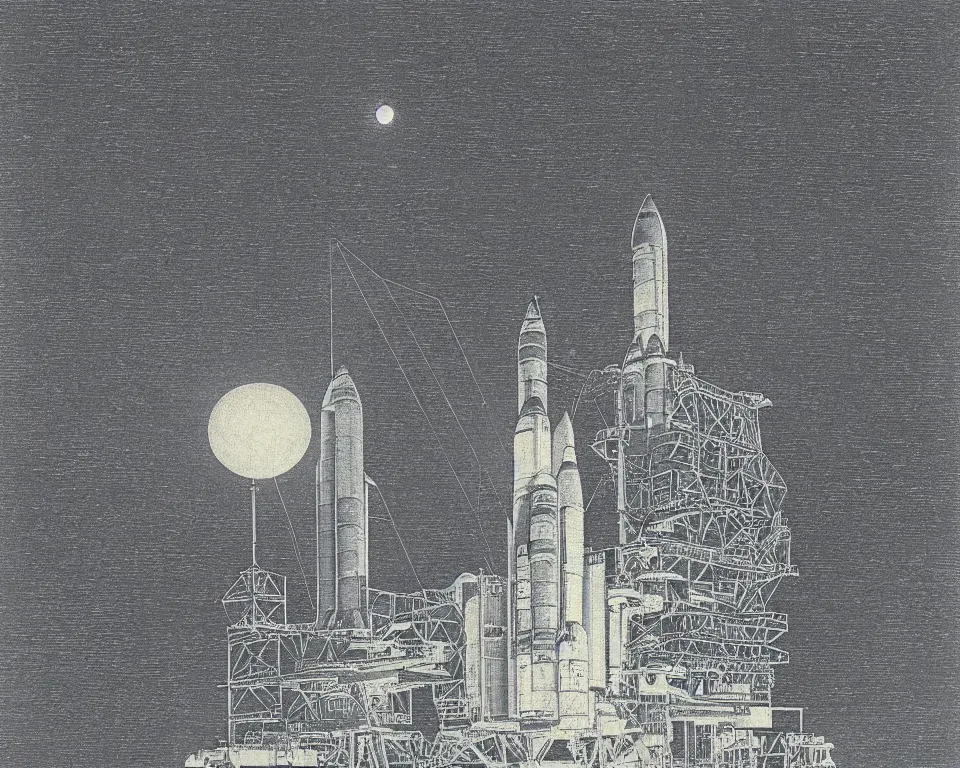 Image similar to achingly beautiful print of a singular Space Shuttle on the crawler-transporter, bathed in moonlight, by Hasui Kawase and Lyonel Feininger.