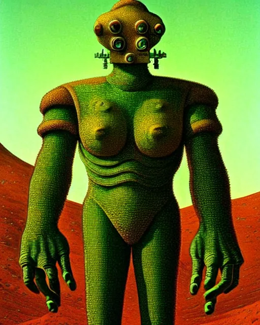 Image similar to portrait giant green humanoid with his fist up, brown armor, background ancient alien landscape, low angle, close up, concept art, intricate details, highly detailed, vintage sci - fi poster, retro future, vintage sci - fi art, in the style of chris foss, rodger dean, moebius, michael whelan, and gustave dore