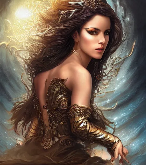 Image similar to a higly detailed full body shot portrait painting of a stunning and sensual female fantasy sorceress with piercing beautiful eyes, dynamic lighting, ambient lighting, deviantart, art by artgerm and karol bak and mark brooks