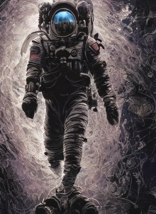 Image similar to astronauts in dark void underwater - complex and hyperdetailed technical suit. reflection and dispersion materials. rays and dispersion of light. volumetric light. f / 3 2. noise film photo. flash photography. ultra realistic, wide angle. poster by wayne barlowe, hajime sorayama aaron horkey, craig mullins