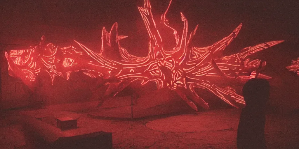 Image similar to light coming out of one starfish - like kaiju anthropomorphic monster, korean film noir by kim jong - il, korean traditional palace, pyongyang city, 1 9 6 0 s, red color bleed, 4 k, video compression, video glitch, monochrome, akira kurosawa, mamoru oshii, wes anderson, stanley kubrick