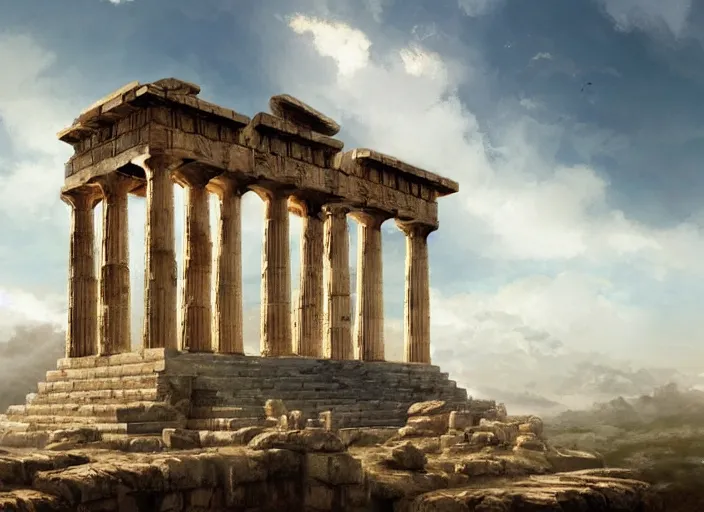 Image similar to 'Ancient Greek Temple in the Clouds', anime, a fantasy digital painting by Greg Rutkowski and James Gurney, trending on Artstation, highly detailed