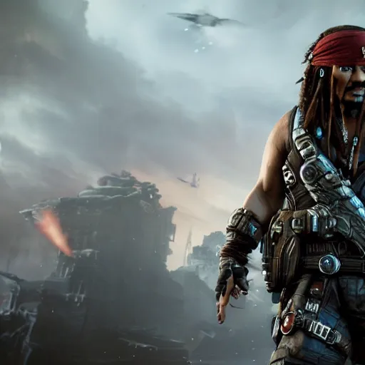 Image similar to captain jack sparrow in gears of war, gears of war, gears of war, splash art, movie still, cinematic lighting, dramatic, octane render, detailed face, long lens, shallow depth of field, bokeh, anamorphic lens flare, 8 k, hyper detailed, 3 5 mm film grain