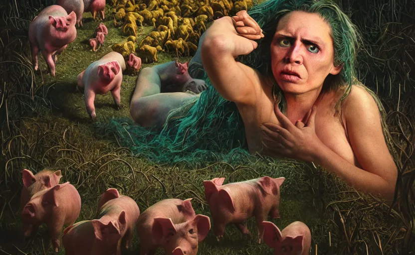 Image similar to 3 5 mm color, pig farm, portrait, fashion, freak show, weird, random, strange, hyperdetailed, photorealistic, interesting, david lachapelle, karol bak, cronenberg, weta digital, beksinski, zawadzki, id magazine, octane, cinematic, hyperrealism, 8 k, depth of field, bokeh.