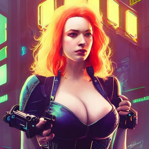 Image similar to christina hendricks in cyberpunk 2 0 7 7, intricate, elegant, highly detailed, digital painting, artstation, concept art, smooth, sharp focus, illustration, art by artgerm and greg rutkowski