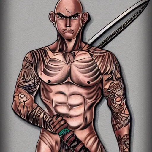 Image similar to muscular bald man, tattooed body, sword in hands, HD, anime style,