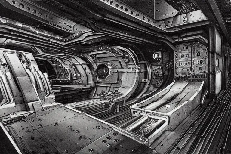 Image similar to interior of a space ship by giger with cryogenic pods, volumetric lighting, atmospheric