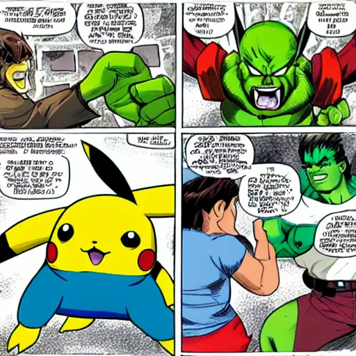 Prompt: pikachu combines with hulk, angry, marvel style