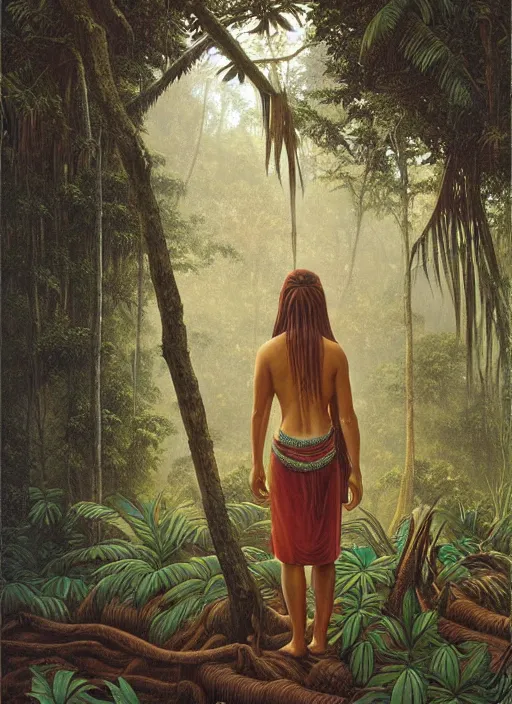 Image similar to an indigenous woman meditating in the amazon jungle, gazing at the water, highly detailed, art by christophe vacher