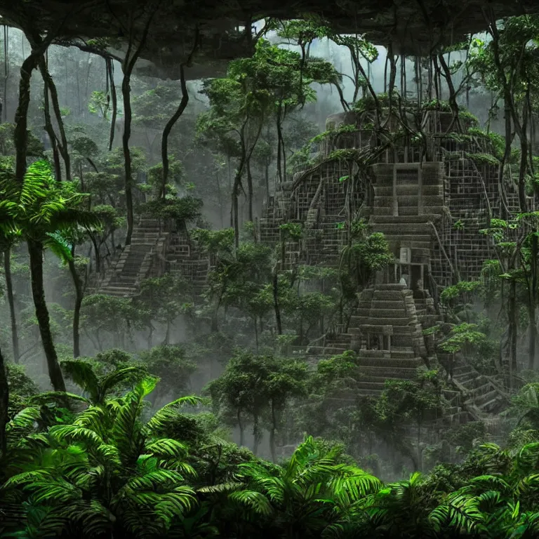 Prompt: a lost ancient mayan futuristic city in the jungle with vines and moss covering the ruins mysterious enigmatic unreal engine 4 k by iain mccaig and jan toorop