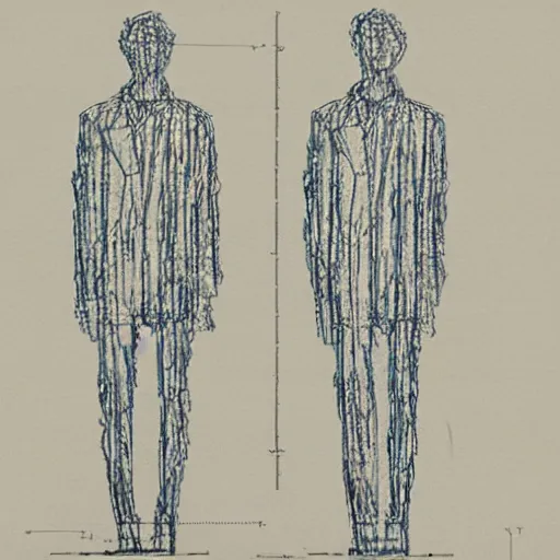 Image similar to architectural blueprint of a public sculpture, human figure in the style of giacometti, drawn to scale with orthographic views