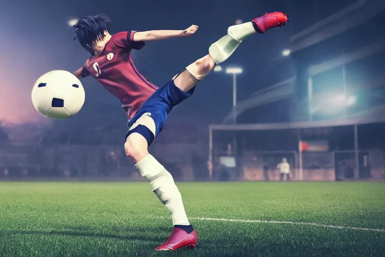 Prompt: anime soccer player scores goal with high kick, hyper realism, octane render