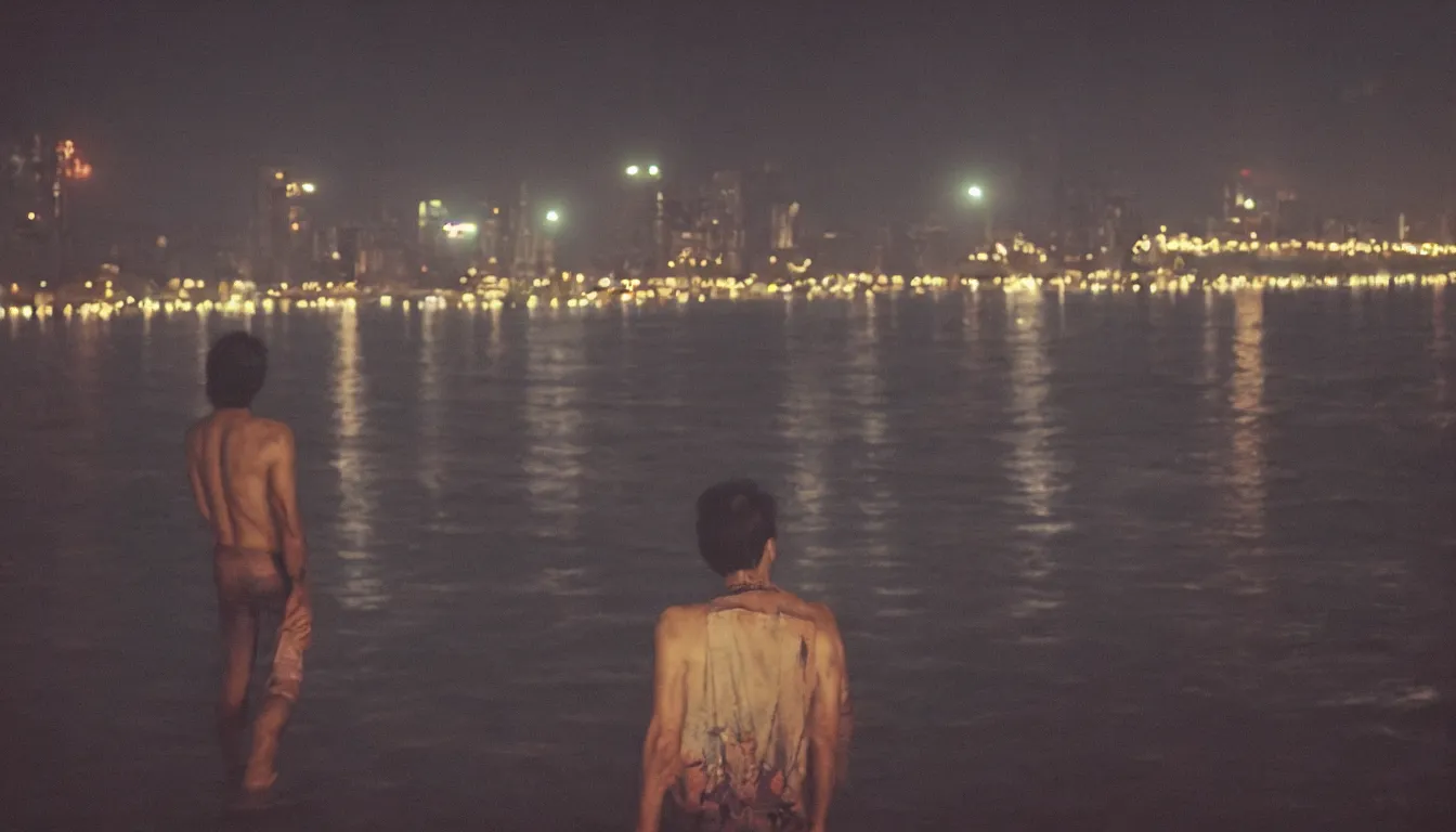 Image similar to 80s asian neon movie still with a lone man levitating over a pier by the river at night with city lights behind his back. Fallen angels movie still. hyperrealistic, photorealistic, high definition, medium format photography, highly detailed, tehnicolor, anamorphic 50mm lens