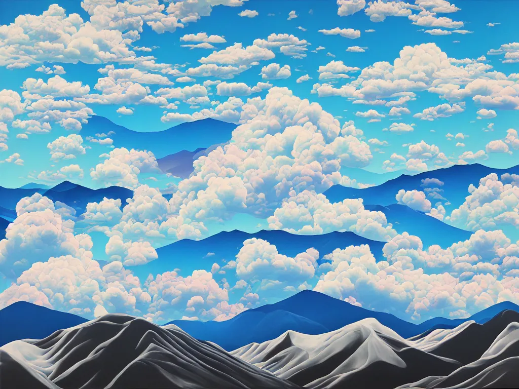 Image similar to hyperrealism general plan composition on the borders of the picture mountains, clouds, trees, sea and waves, empty space in the middle, pop - art style, jacky tsai style, acrylic on canvas