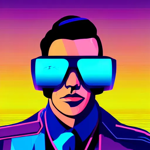 Prompt: 3 / 4 view closeup portrait of johnny silverhand with light blue shutter shades in front of a sunset, a dark purple leather jacket, vector art by jan tengnagel, pixabay contest winner, retrofuturism, retrowave, synthwave, outrun, portrait, synthwave