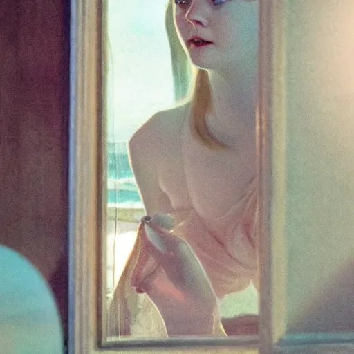 Prompt: Elle Fanning, head and shoulders masterpiece, in rapture, golden hour, underwater, art-station, in the style of Art Deco and Edward Hopper and Bosch, extremely detailed