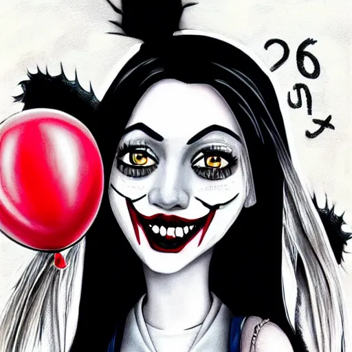 Image similar to grunge cartoon painting of kylie jenner with a wide smile and a red balloon by chris leib, loony toons style, pennywise style, corpse bride style, horror theme, detailed, elegant, intricate