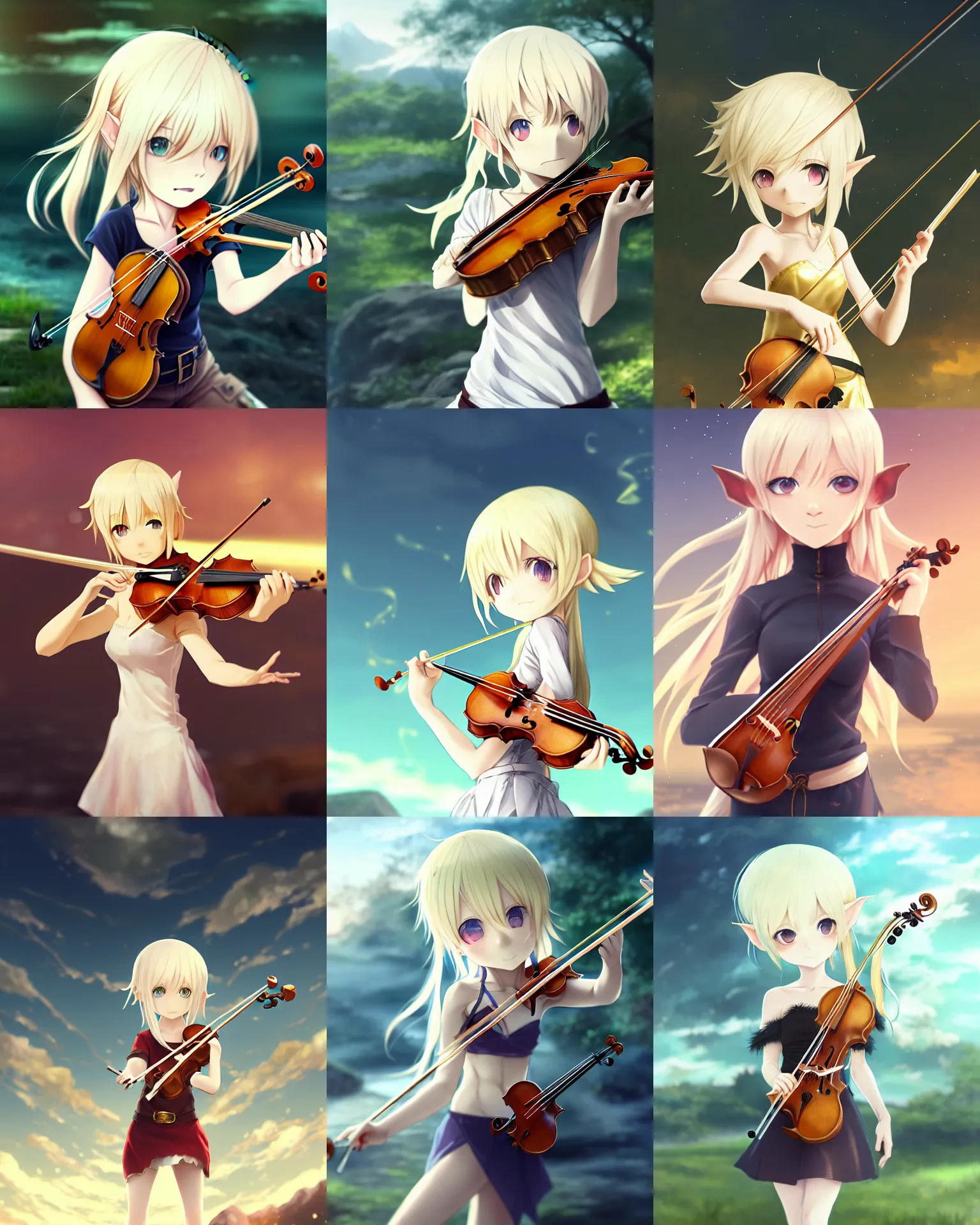 Prompt: chibi, cute, female, full body, elf girl with white skin and golden hair, holding a violin and playing a song, stunning art style, trending art, sharp focus, centered, landscape shot, fate zero, simple background, studio ghibly makoto shinkai yuji yamaguchi, by wlop