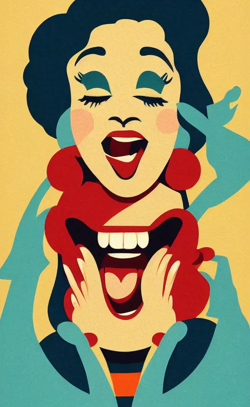 Prompt: illustration with a woman laughing out loud with open mouth, standup, comedy, joke, an art deco painting by tom whalen, trending on behance, art deco, digital illustration, storybook illustration, grainy texture, flat shading, vector art, airbrush, pastel, watercolor, poster