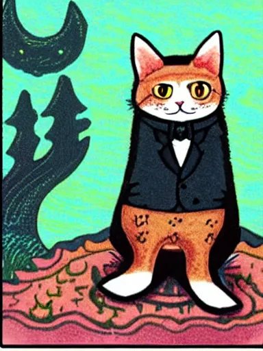 Prompt: a magical trickster gentleman cat who wears boots, folklore illustration