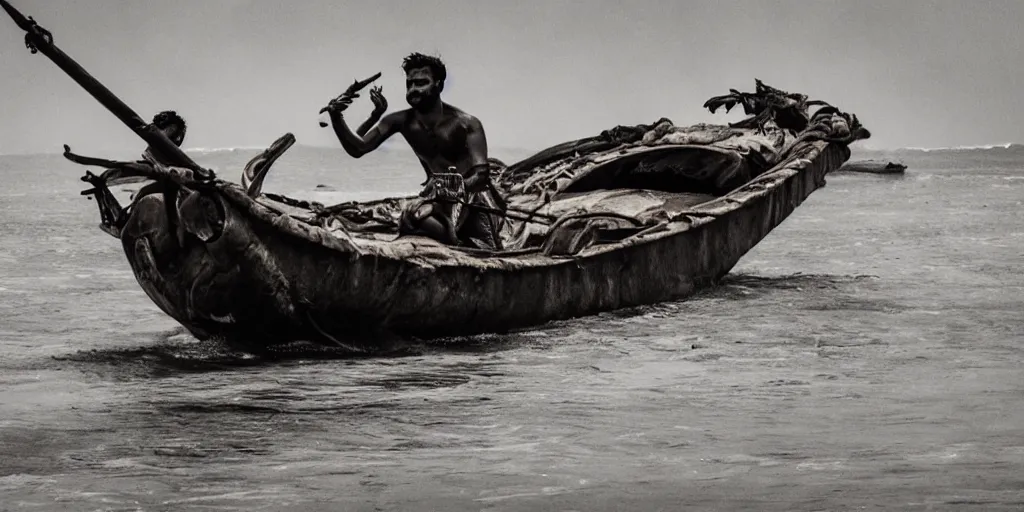 Image similar to sri lankan mad max style on boats, ocean, film still, epic shot cinematography, rule of thirds