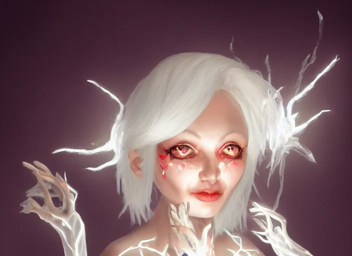 Image similar to mysterious fate girl with silk glowing white hair with glowing white stings coming out of her hands, she poses as a puppeteer with her hands infront of her concept art trending on artstation oilpaint portrait