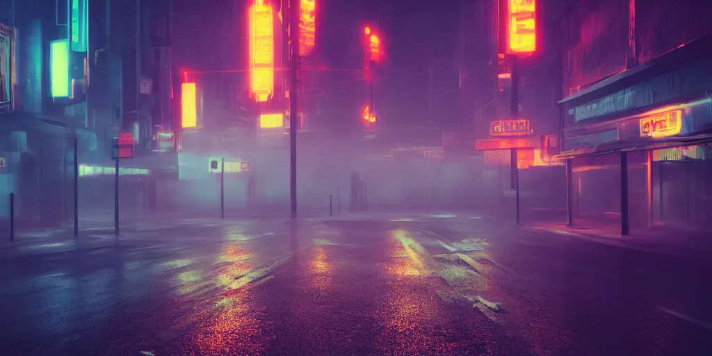 Image similar to deserted narrow cyberpunkstyle city street, fog, rain, neon sign, volumetric lighting, beautiful, golden hour, sharp focus, ultra detailed, cgsociety