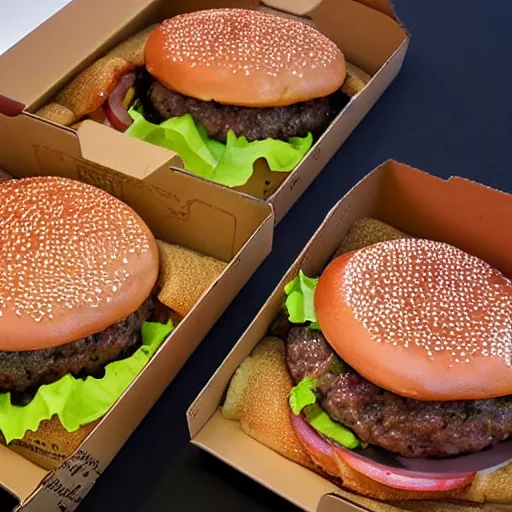 Image similar to burger with buns made out of pizza boxes