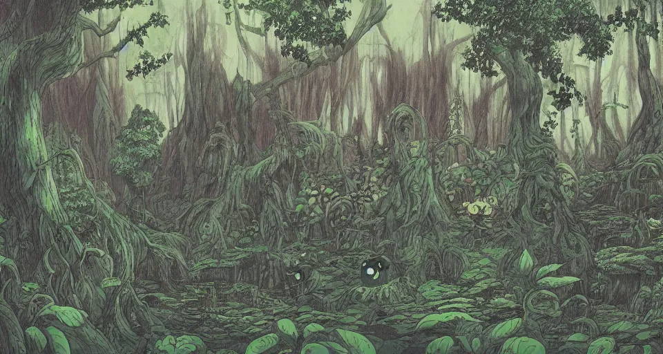 Image similar to A dense and dark enchanted forest with a swamp, by Studio Ghibli