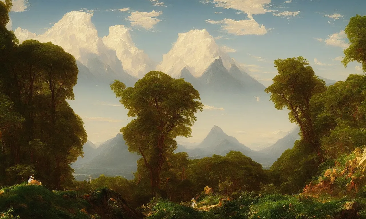 Image similar to a serene landscape painting by thomas cole and frederic edwin church