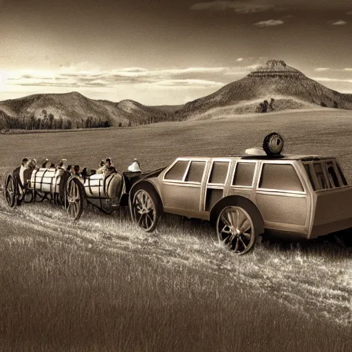 Image similar to a monochromatic sepia photograph of a delorean time machine traveling with covered wagons and pioneers on the oregon trail, trending on art station,